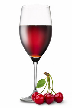 葡萄酒杯与红色的樱桃孤立的白色背景葡萄酒杯与红色的樱桃