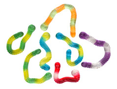 色彩斑斓的果冻蠕虫孤立的白色甜蜜的橡皮糖蠕虫集孤立的白色关闭前视图色彩斑斓的果冻蠕虫孤立的白色
