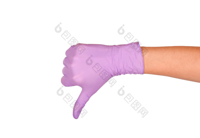 手显示拇指下来标志对白色背景手紫色的乳胶手套孤立的白色女人rsquo手手势标志孤立的白色拒绝象征手紫色的乳胶手套孤立的白色女人rsquo手手势标志孤立的白色拒绝象征