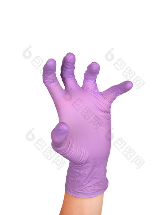 可怕的手乳胶外科手术戴着手套<strong>标志</strong>对白色背景手紫色的乳胶手套孤立的白色女人rsquo手<strong>手势标志</strong>孤立的白色