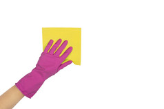 黄色的超细纤维布为洗菜女手手乳胶手套持有超细纤维布孤立的白色女人rsquo手手势标志孤立的白色手手套持有超细纤维布为洗和清洁菜