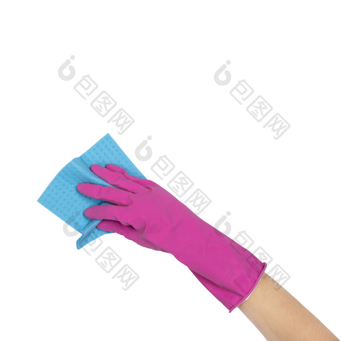 蓝色的超细纤维布为洗菜女手手乳胶粉红色的手套持有超细纤维布孤立的白色女人rsquo手手势标志孤立的白色手手套持有超细纤维布为洗和清洁菜