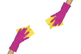 两个手粉红色的保护手套持有黄色的超细纤维布女手粉红色的手套清洗某物孤立的白色手保护手套持有超细纤维布为洗和清洁菜