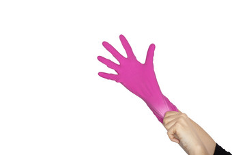 女手穿保护手套为清洁<strong>整理</strong>女人rsquo手粉红色的乳胶手套手势标志孤立的白色女手把乳胶手套孤立的白色背景女手穿保护手套为清洁<strong>整理</strong>