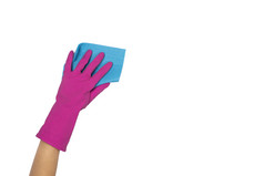 蓝色的海绵为洗菜女手手粉红色的乳胶手套持有海绵孤立的白色女人rsquo手手势标志孤立的白色手粉红色的手套持有海绵为洗和清洁菜