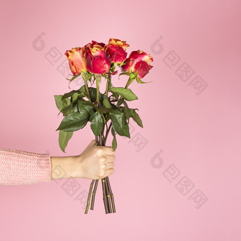 时尚的横幅为情人节一天国际女人的一天母亲一天美丽的花束粉红色的玫瑰女手粉红色的背景美丽的花束粉红色的玫瑰女手粉红色的背景