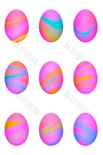 集粉红色的黄色的和蓝色的梯度健美的复活节鸡蛋完美的色彩斑斓的手工制作的复活节鸡蛋孤立的白色集粉红色的黄色的和蓝色的梯度健美的复活节鸡蛋