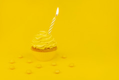 美味的蛋糕与伯恩蜡烛黄色的背景单色生日概念横幅与蛋糕和黄色的结霜和黄色的糖果复制空间单色生日概念横幅与蛋糕和黄色的结霜和黄色的糖果