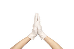 anjali穆德拉纳马斯特手势乳胶外科手术戴着手套标志对白色背景手白色乳胶手套孤立的白色女人rsquo手手势标志孤立的白色手白色乳胶手套孤立的白色女人rsquo手手势标志孤立的白色