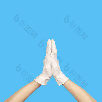 祈祷纳马斯特手势乳胶外科手术戴着手套标志对蓝色的背景手白色乳胶手套孤立的白色女人rsquo手手势标志孤立的白色手白色乳胶手套孤立的白色女人rsquo手手势标志孤立的白色