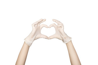 手手势手白色乳胶手套显示心标志孤立的白色背景爱和平和安全概念手手势手白色乳胶手套显示心标志孤立的白色背景