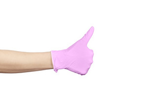 手显示拇指标志对白色背景手光紫色的乳胶手套孤立的白色女人rsquo手手势标志孤立的白色复制空间手光紫色的乳胶手套孤立的白色复制空间