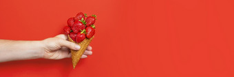 冰奶油锥填满与成熟的草莓孤立的红色的背景手持有华夫格锥与成熟的草莓长横幅与复制空间冰奶油锥填满与成熟的草莓孤立的红色的背景手持有华夫格锥与成熟的草莓长横幅与复制空间