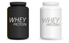 乳清蛋白质黑色的和白色瓶集体育营养Jar模型准备好了为你的设计现实的向量插图乳清蛋白质黑色的和白色瓶集体育