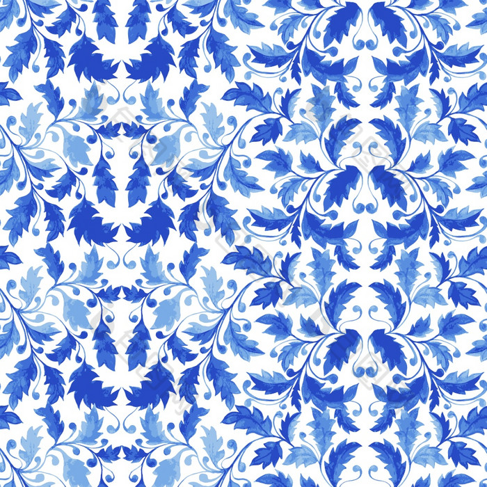 传统的蓝色的葡萄牙语瓷砖阿祖莱霍点缀向量无缝的模式与叶子卷发和程式化的树叶传统的葡萄牙语瓷砖阿祖莱霍无缝的模式