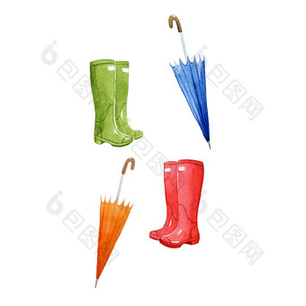 雨<strong>靴子</strong>和雨伞水彩季节符号雨<strong>靴子</strong>和雨伞水彩季节符号手画元素设计