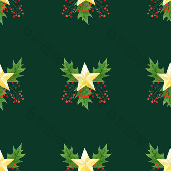 无缝的背景与绿色圣诞节冬青分支机构浆果和金明星原创水彩手画模式无缝的背景与绿色圣诞节冬青分支机构浆果和金明星原创水彩手画模式黑暗绿色背景
