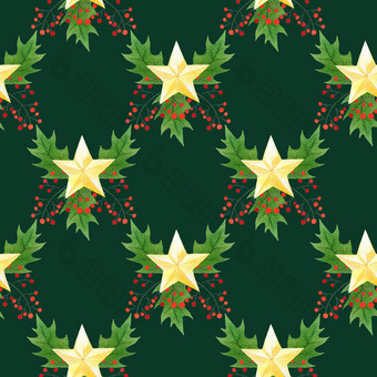 水彩无缝的圣诞节模式与手画金星星冬青浆果和叶子假期设计水彩无缝的圣诞节模式与手画金星星冬青浆果和叶子黑暗绿色backgroundholidays设计