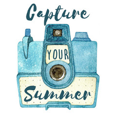 水彩古董照片相机与报价孤立的白色背景夏天手画插图为打印标志纺织设计捕获你的夏天水彩古董照片相机与报价孤立的白色背景捕获你的夏天