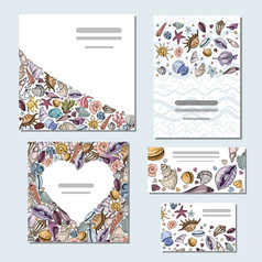 向量独特的集模板明信片业务卡片与贝壳海洋动物设计为印刷彩色的手画向量插图向量贝壳集