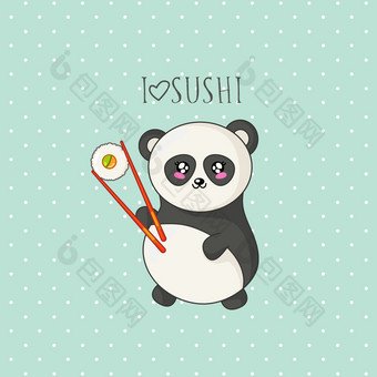卡哇伊寿司卷和可爱的熊猫标志横幅彩色的背景传统的日本亚洲厨房和食物插图为社会网络为餐厅酒吧卡通表情符号漫画风格向量卡哇伊寿司集图片