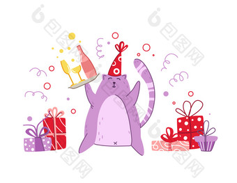 猫生日聚会，派对问候卡有趣的<strong>小</strong>猫节日他与礼物盒子礼物生日<strong>饮料</strong>向量孤立的卡通平字符白色背景为卡<strong>海报</strong>衣服打印猫生日聚会，派对集向量