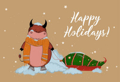 圣诞节卡夫纸卡手画风格向量插图的一年的牛快乐假期圣诞节卡夫纸卡手画风格向量插图的一年的牛快乐假期