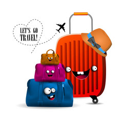 让rsquo旅行家庭旅行远足手提箱和背包字符向量插图孤立的白色背景让rsquo旅行家庭旅行远足手提箱和背包字符向量插图孤立的白色背景