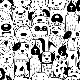 无缝的模式与黑色的和白色涂鸦狗向量插图可以使用为纺织网站背景书封面包装