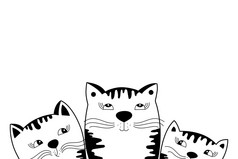 三个可爱的小猫最好的朋友黑色的和白色涂鸦动物向量插图