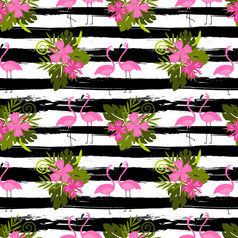 热带无缝的模式与粉红色的火烈鸟棕榈叶子和花完美的为壁纸模式填满网络页面背景表面纹理纺织