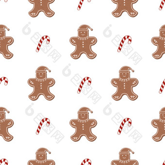圣诞节姜饼无缝的模式冬天向量插图与姜饼男人。和糖果拐杖孤立的白色背景可以使用为纺织品壁纸包装纸