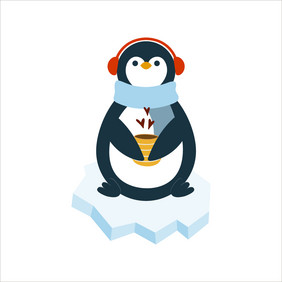 圣诞节企鹅坐着冰和喝茶平向量插图