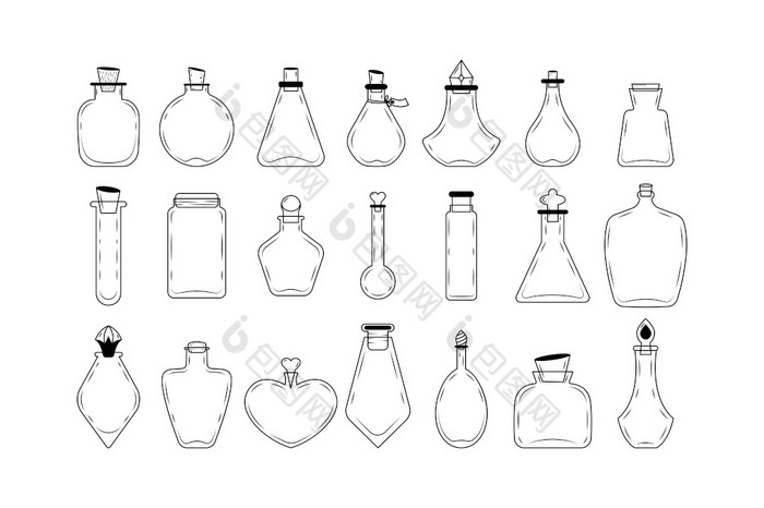 集烧瓶图标为创建魔法瓶向量集玻璃烧瓶孤立的白色背景可以使用创建标志