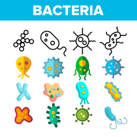 细菌细菌细胞向量薄行图标集细菌细菌益生菌线性象形图微生物芽孢杆菌微观微生物微生物组颜色平插图细菌细菌细胞向量薄行图标集