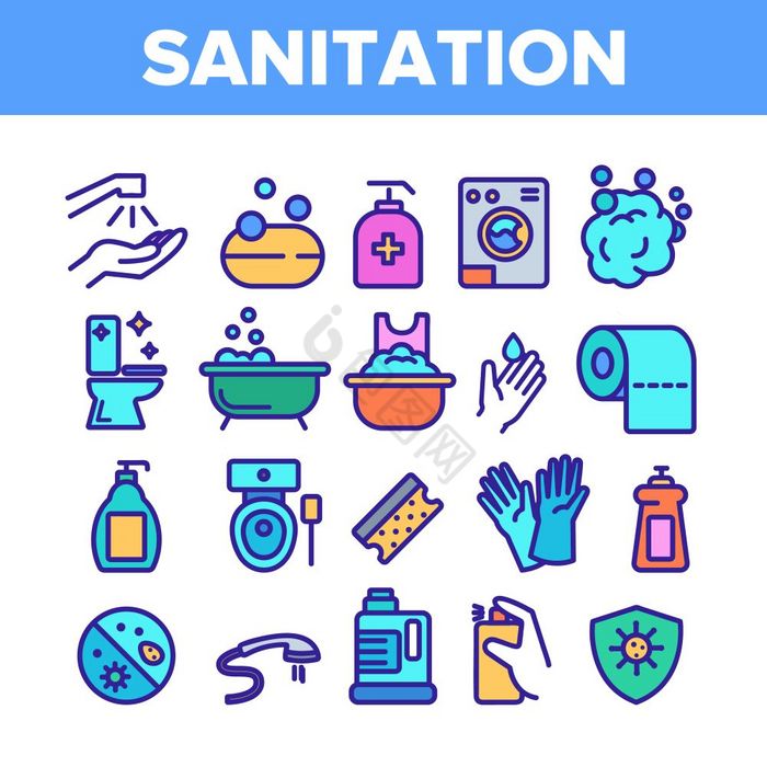 颜色环境卫生图标集向量薄行洗手和清洁肥皂图片