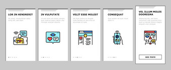 互联网社会媒体新员工培训移动应用程序页面屏幕向量社会媒体页面登记和内部沟通用户配置文件和购买插图互联网社会媒体新员工培训图标集向量图片