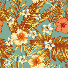 丛林古董花芙蓉plumeria和摘要颜色橙色黄色的叶子背景花夏天无缝的向量模式插图