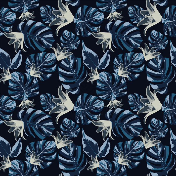 热带异国情调的植物灰色花和黑暗蓝色的叶子monstera无缝的黑色的背景时尚的晚上向量作文