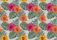 热带无缝的模式与多色橙色粉红色的黄色的花芙蓉绿色棕榈monstera叶子灰色的背景