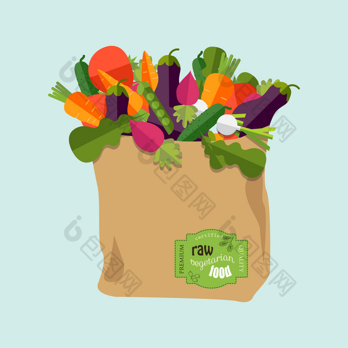 纸袋与健康的食物蔬菜健康的有机自然食物杂货店交付概念平向量插图百分比自然有机纸袋完整的新鲜的蔬菜概念饮食素食者素食主义者杂货店交付概念向量孤立的插图