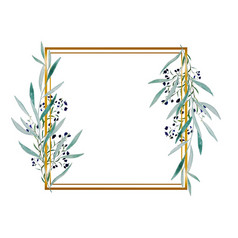 放荡不羁的问候卡模板与水彩绿色分支框架白色背景和金几何形状为邀请婚礼设计花手画插图