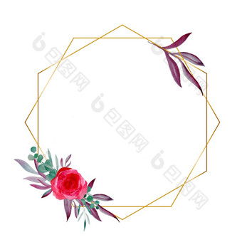 水彩黄金框架婚礼邀请模板与红色的玫瑰花束和<strong>小</strong>花桉树分支绿色紫罗兰色的叶子古董背景