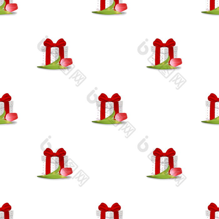 无缝的模式与现实的礼物盒子与红色的郁金香白色背景圣诞节情人节rsquo一天新一年庆祝活动生日向量插图为设计包装纸织物无缝的模式与现实的礼物盒子与红色的郁金香白色背景圣诞节情人节rsquo一天新一年庆祝