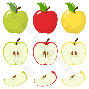 集新鲜的整个一半减少片和叶子彩色的苹果水果孤立的白色背景夏天水果为健康的生活方式有机水果卡通风格向量插图为任何设计图片