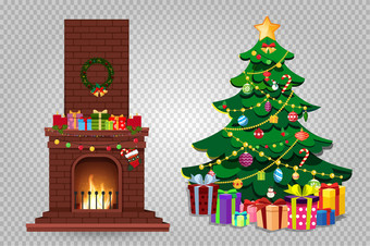 卡通集装饰燃烧壁炉和冷杉树与许多礼物孤立的透明的背景向量圣诞节新一年插图剪辑艺术元素为问候卡设计卡通圣诞节集装饰燃烧壁炉和冷杉树与礼物剪辑艺术