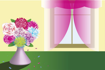 美丽的花束花瓶站附近的窗口模板向量插图剪纸艺术问候卡邀请美丽的花束花瓶站附近的窗口模板