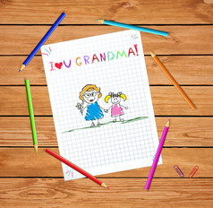 孩子们色彩斑斓的铅笔画插图祖母和（外）孙女在一起持有手和登记爱你奶奶的平方笔记本表说谎木表格背景孩子们铅笔画插图祖母和（外）孙女在一起