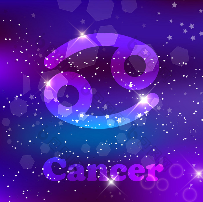 癌症星座标志和星座宇宙紫色的背景与发光的星星和星云向量插图横幅海报蟹卡空间占星术星座天文学幻想设计癌症星座标志宇宙紫色的背景与闪闪发光的星星和星云