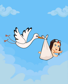 卡通向量插图与鹳携带可爱的婴儿男孩飞行员他蓝色的多云的天空背景婴儿淋浴问候卡新生儿婴儿到来概念卡通向量插图与鹳携带可爱的婴儿男孩
